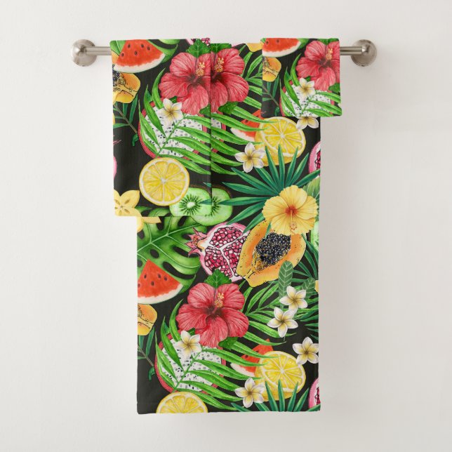 Tropical mix-fruit, flowers and leaves on black bath towel set (Insitu)