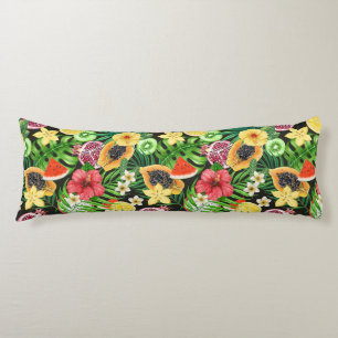 Tropical mix-fruit, flowers and leaves on black body pillow