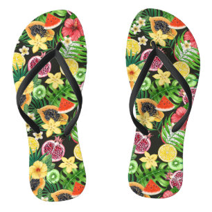 Tropical mix-fruit, flowers and leaves on black flip flops