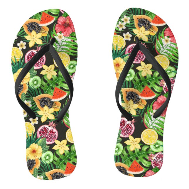 Tropical mix-fruit, flowers and leaves on black flip flops (Footbed)