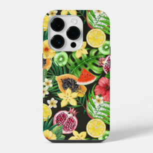 Tropical mix-fruit, flowers and leaves on black iPhone 14 pro case