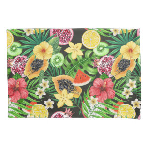Tropical mix-fruit, flowers and leaves on black pillowcase