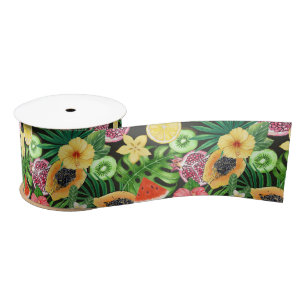 Tropical mix-fruit, flowers and leaves on black satin ribbon