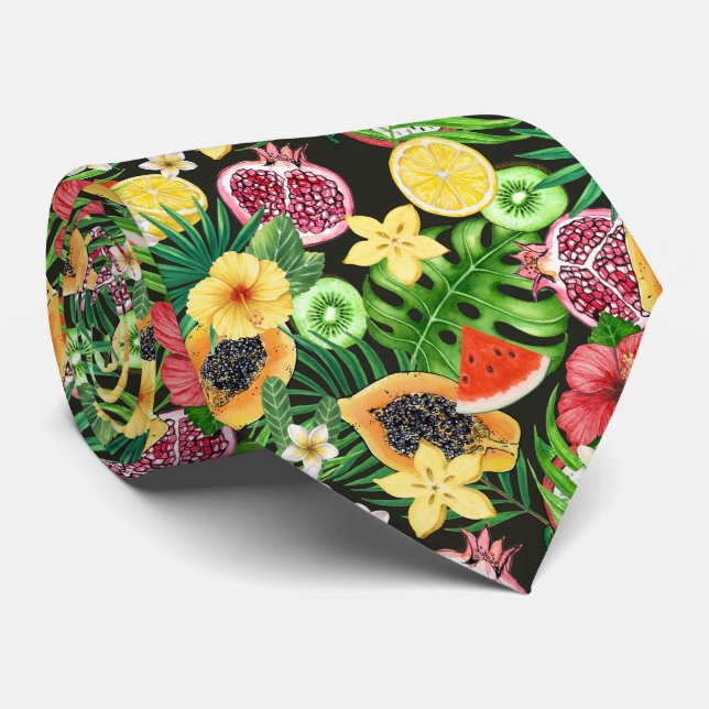 Tropical mix-fruit, flowers and leaves on black tie (Rolled)