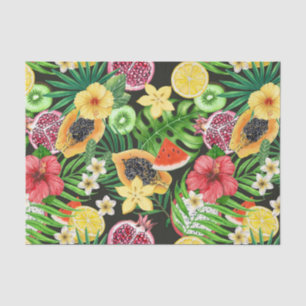 Tropical mix-fruit, flowers and leaves on black tissue paper