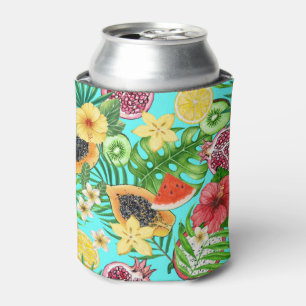 Tropical mix-fruit, flowers and leaves on blue can cooler