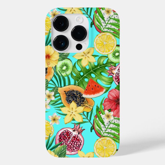 Tropical mix-fruit, flowers and leaves on blue Case-Mate iPhone case (Back)
