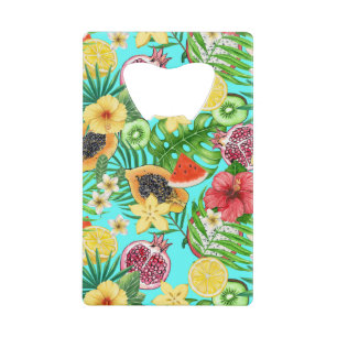 Tropical mix-fruit, flowers and leaves on blue credit card bottle opener