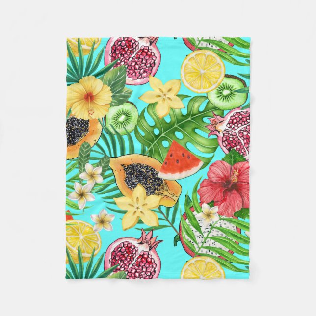 Tropical mix-fruit, flowers and leaves on blue fleece blanket (Front)