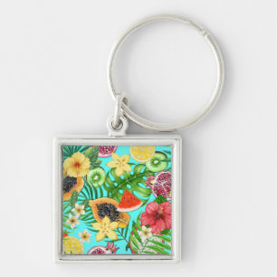 Tropical mix-fruit, flowers and leaves on blue keychain