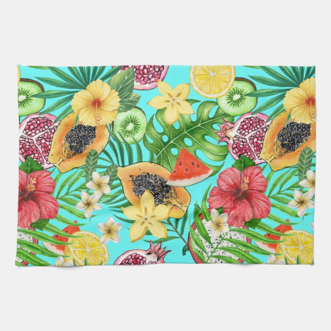 Tropical mix-fruit, flowers and leaves on blue kitchen towel (Horizontal)