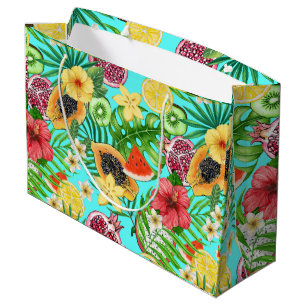 Tropical mix-fruit, flowers and leaves on blue large gift bag