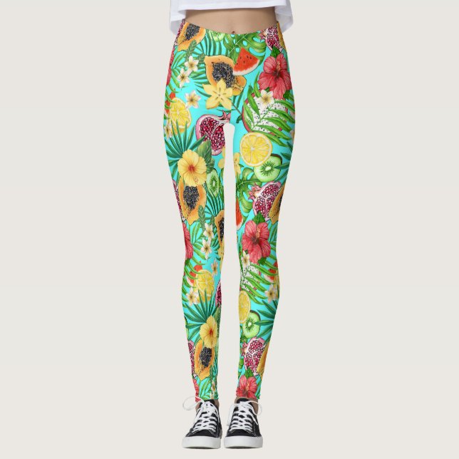 Tropical mix-fruit, flowers and leaves on blue leggings (Front)