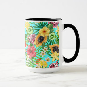 Tropical mix-fruit, flowers and leaves on blue mug
