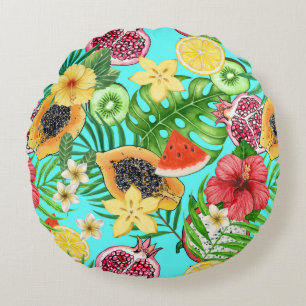 Tropical mix-fruit, flowers and leaves on blue round pillow