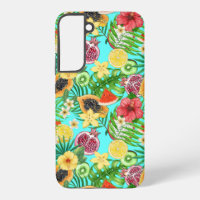 Tropical mix-fruit, flowers and leaves on blue