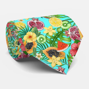 Tropical mix-fruit, flowers and leaves on blue tie