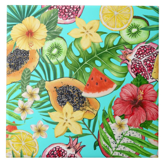 Tropical mix-fruit, flowers and leaves on blue tile (Front)