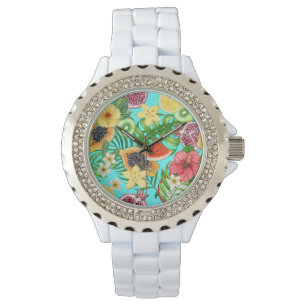 Tropical mix-fruit, flowers and leaves on blue watch