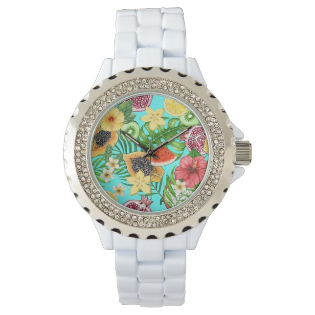 Tropical mix-fruit, flowers and leaves on blue watch (Front)