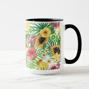 Tropical mix-fruit, flowers and leaves on white mug