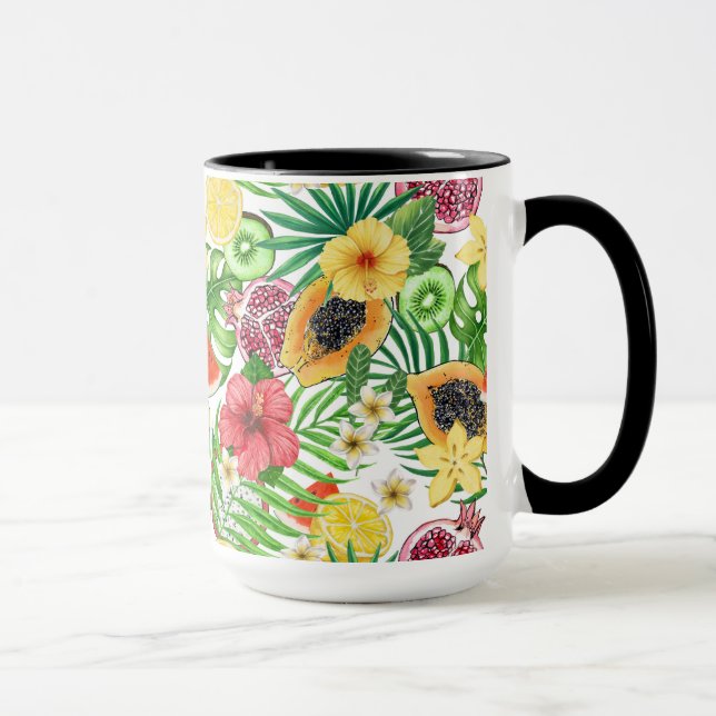 Tropical mix-fruit, flowers and leaves on white mug (Right)