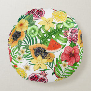 Tropical mix-fruit, flowers and leaves on white round pillow