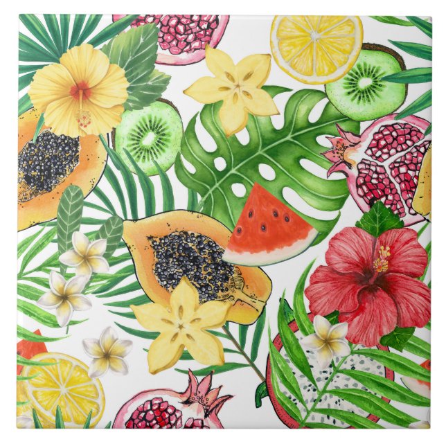 Tropical mix-fruit, flowers and leaves on white tile (Front)