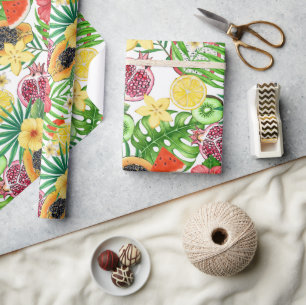 Tropical mix-fruit, flowers and leaves on white wrapping paper