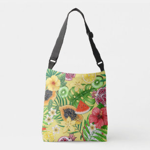 Tropical mix-fruit, flowers and leaves on yellow crossbody bag