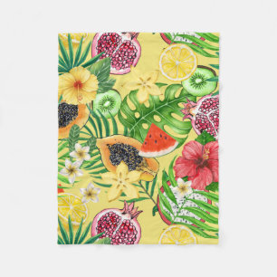 Tropical mix-fruit, flowers and leaves on yellow fleece blanket
