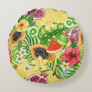 Tropical mix-fruit, flowers and leaves on yellow round pillow