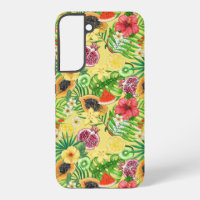 Tropical mix-fruit, flowers and leaves on yellow