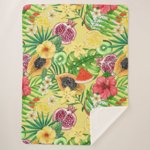 Tropical mix-fruit, flowers and leaves on yellow sherpa blanket