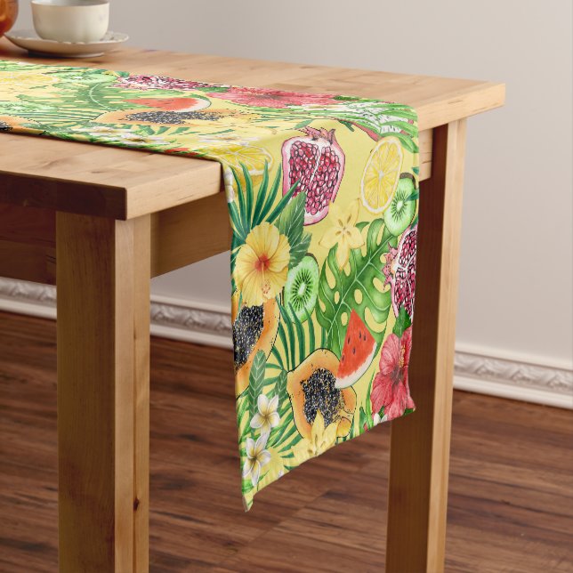 Tropical mix-fruit, flowers and leaves on yellow short table runner (In Situ)