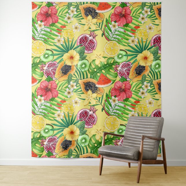 Tropical mix-fruit, flowers and leaves on yellow tapestry (In Situ)