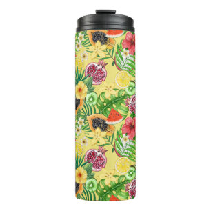 Tropical mix-fruit, flowers and leaves on yellow thermal tumbler