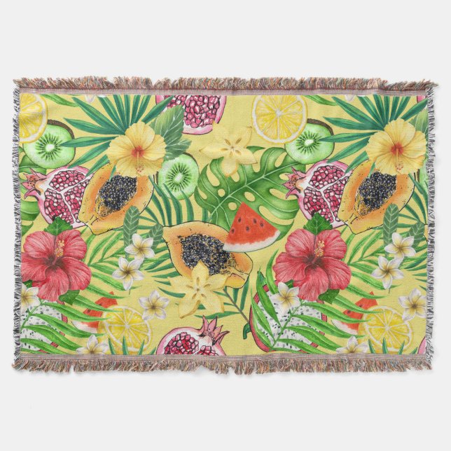 Tropical mix-fruit, flowers and leaves on yellow throw blanket (Front)
