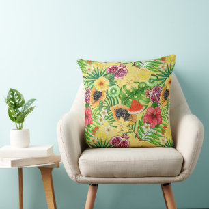 Tropical mix-fruit, flowers and leaves on yellow throw pillow