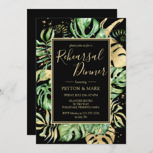 Tropical Modern Black & Gold Rehearsal Dinner Invitation