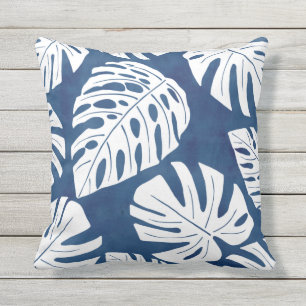 Tropical Modern Blue White Palm Leaves Outdoor Pil Outdoor Pillow