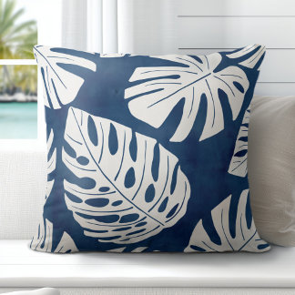 Tropical Modern Blue White Palm Leaves Throw Pillow