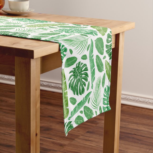 Tropical modern green leafs pattern short table runner (In Situ)