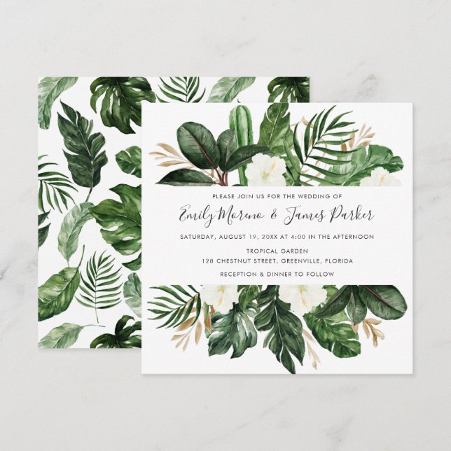 Tropical Modern Palm Cactus White Floral Invitation (Front/Back)
