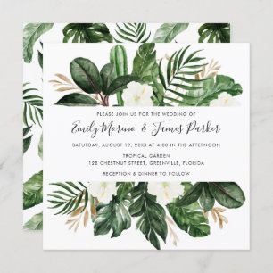 Tropical Modern Palm Cactus White Floral Invitation