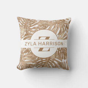 Tropical Monogram Boho Brown White Palm Leaves Throw Pillow