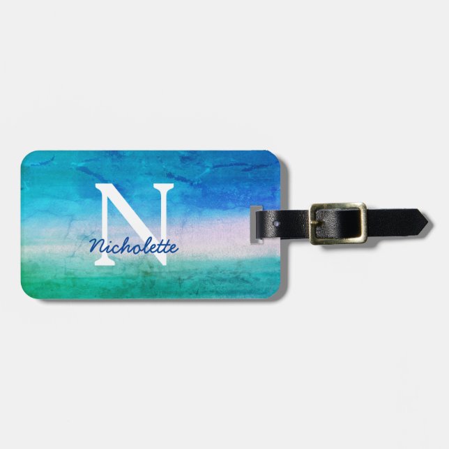 Tropical Monogram Distressed Blue Green Beachy Luggage Tag (Front Horizontal)