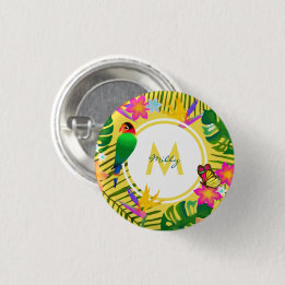 Tropical Monogram Jungle Flowers Yellow Monogram 1 Inch Round Button