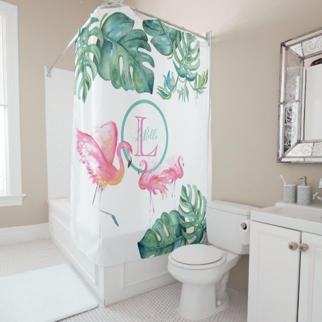Tropical Monogram Pink Flamingo Bathroom Decor (In Situ)