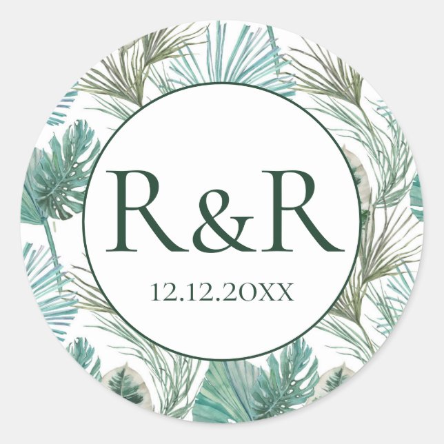 Tropical Monogram Wedding Classic Round Sticker (Front)